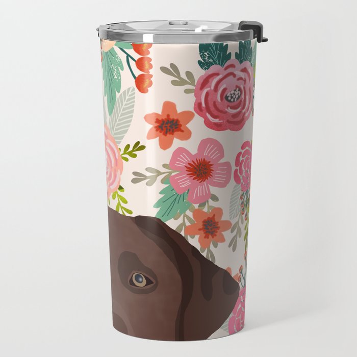 Chocolate Lab florals dog breed portrait pet art dog lover gifts labrador retriever Travel Mug Gallery Image 2