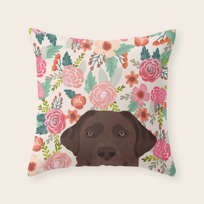 Chocolate Lab florals dog breed portrait pet art dog lover gifts labrador retriever Throw Pillow Gallery Image 6