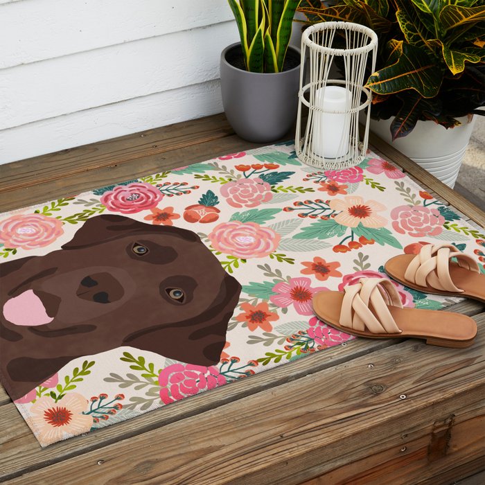 Chocolate Lab florals dog breed portrait pet art dog lover gifts labrador retriever Outdoor Rug Gallery Image 2