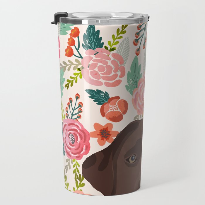 Chocolate Lab florals dog breed portrait pet art dog lover gifts labrador retriever Travel Mug Gallery Image 3
