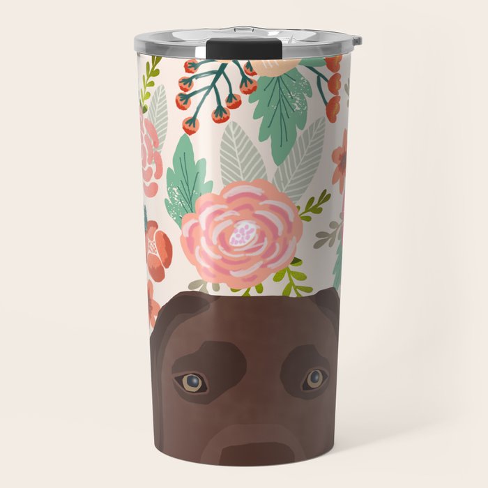 Chocolate Lab florals dog breed portrait pet art dog lover gifts labrador retriever Travel Mug Gallery Image 1
