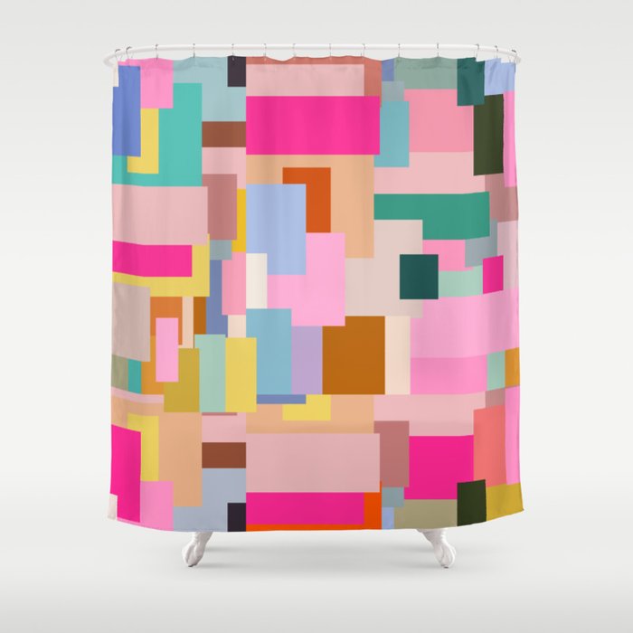 Color Block Print Mid Century Modern Decor Pink Aesthetic Retro Wall Art Geometric Pattern Abstract Shower Curtain Gallery Image 1