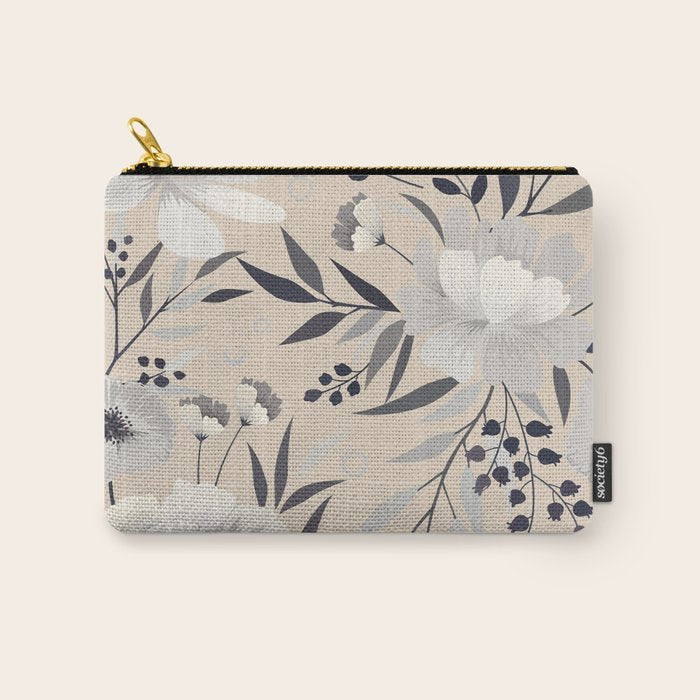 Modern, Boho, Floral Prints, Beige, Gray and White Carry All Pouch Gallery Image 1