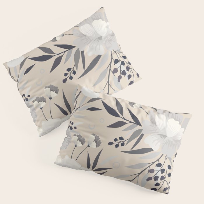 Modern, Boho, Floral Prints, Beige, Gray and White Pillow Sham Gallery Image 1