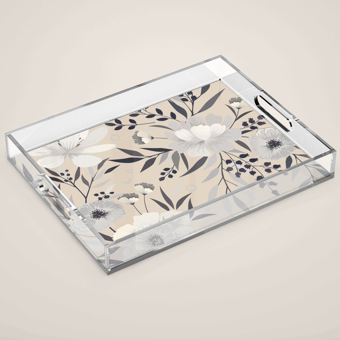 Modern, Boho, Floral Prints, Beige, Gray and White Acrylic Tray Gallery Image 1