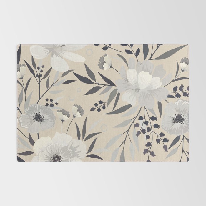 Modern, Boho, Floral Prints, Beige, Gray and White Rug Gallery Image 2