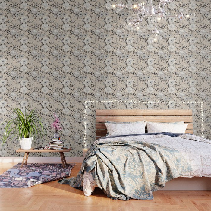 Modern, Boho, Floral Prints, Beige, Gray and White Wallpaper Gallery Image 3