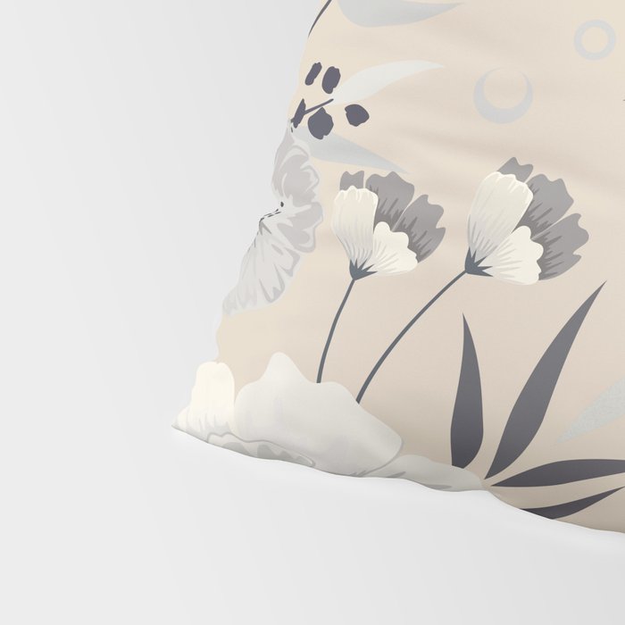 Modern, Boho, Floral Prints, Beige, Gray and White Pillow Sham Gallery Image 4