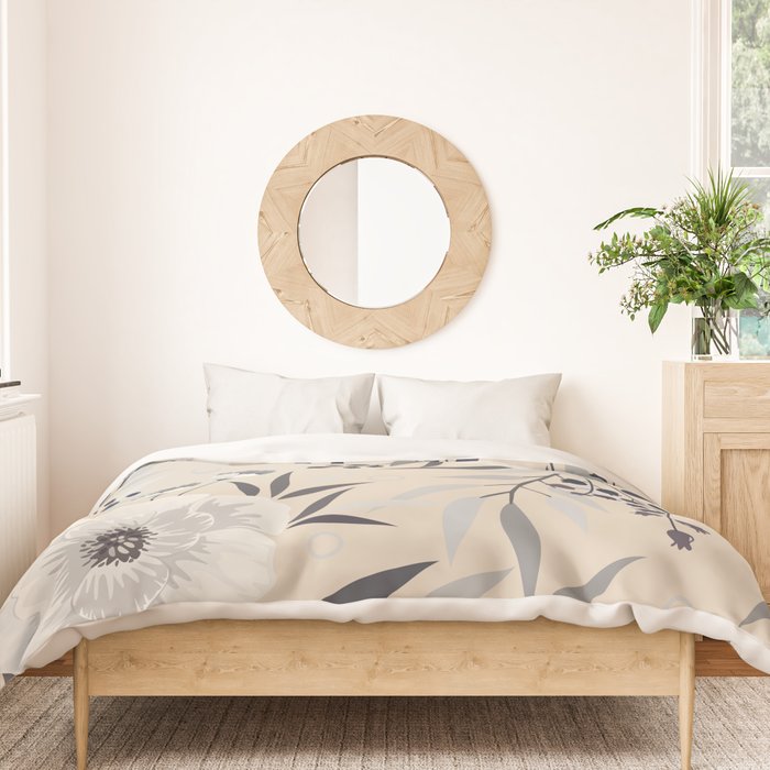 Modern, Boho, Floral Prints, Beige, Gray and White Duvet Cover Gallery Image 3