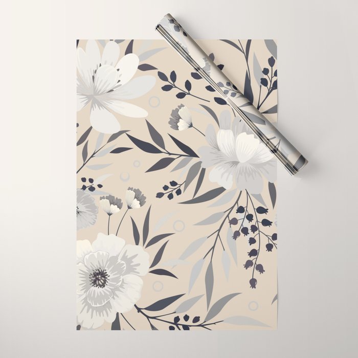 Modern, Boho, Floral Prints, Beige, Gray and White Wrapping Paper Gallery Image 1