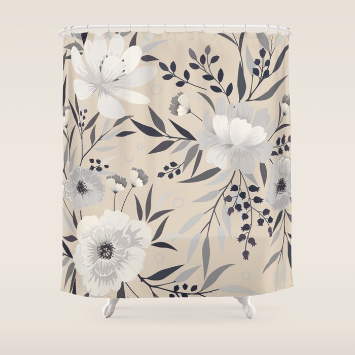 Modern, Boho, Floral Prints, Beige, Gray and White Shower Curtain Gallery Image 1