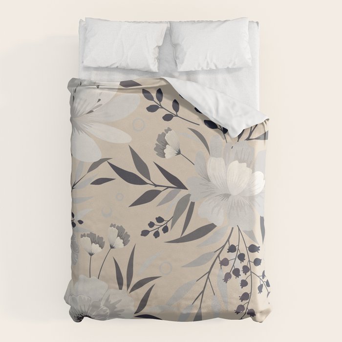 Modern, Boho, Floral Prints, Beige, Gray and White Duvet Cover Gallery Image 6