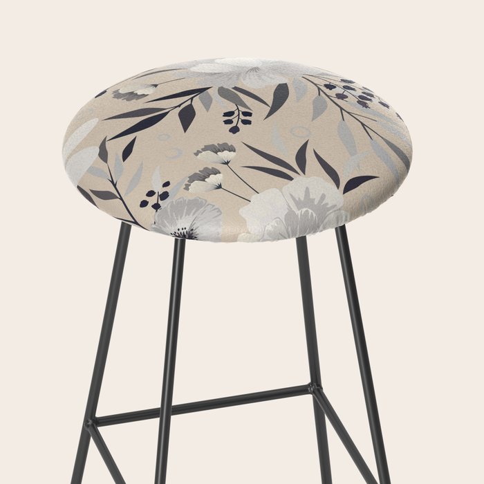 Modern, Boho, Floral Prints, Beige, Gray and White Stool Gallery Image 2