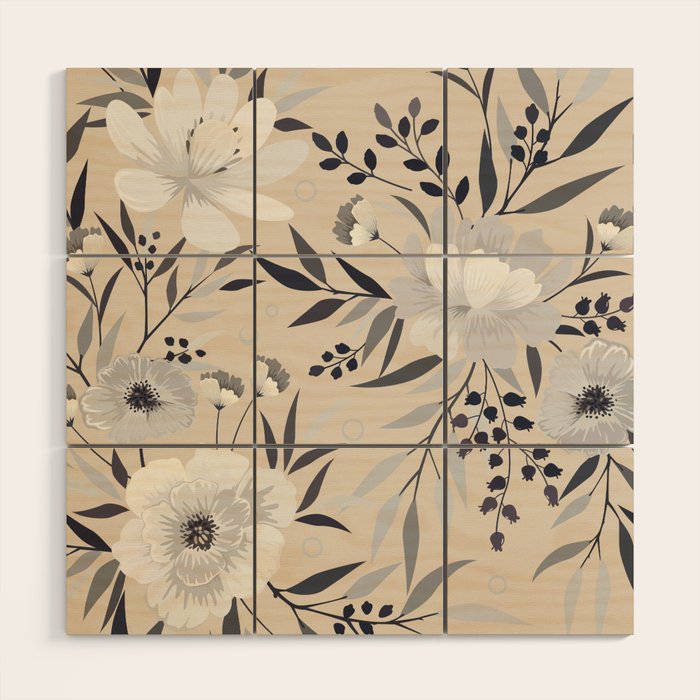 Modern, Boho, Floral Prints, Beige, Gray and White Wood Wall Art Gallery Image 1