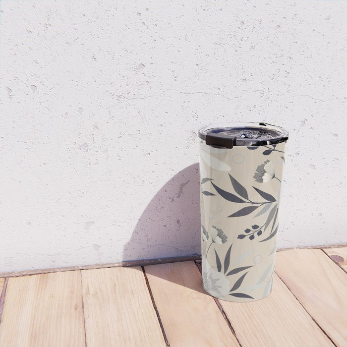 Modern, Boho, Floral Prints, Beige, Gray and White Travel Mug Gallery Image 4
