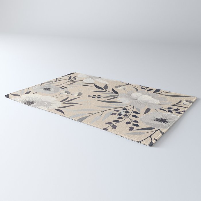 Modern, Boho, Floral Prints, Beige, Gray and White Rug Gallery Image 3