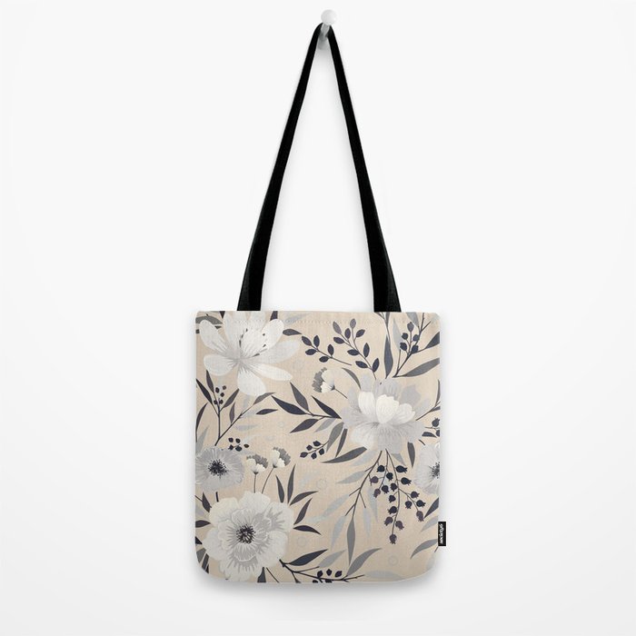 Modern, Boho, Floral Prints, Beige, Gray and White Tote Bag Gallery Image 2