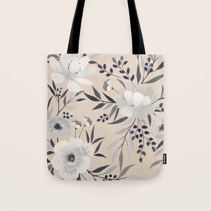 Modern, Boho, Floral Prints, Beige, Gray and White Tote Bag Gallery Image 1