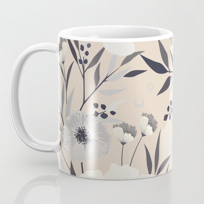 Modern, Boho, Floral Prints, Beige, Gray and White Coffee Mug Gallery Image 3