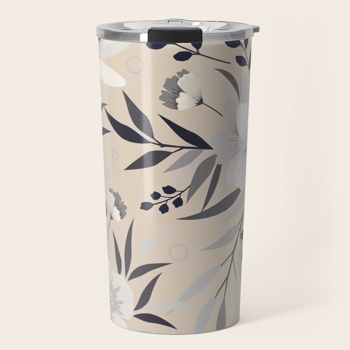Modern, Boho, Floral Prints, Beige, Gray and White Travel Mug Gallery Image 1