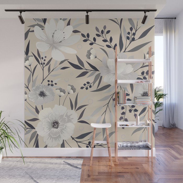 Modern, Boho, Floral Prints, Beige, Gray and White Wall Mural Gallery Image 1