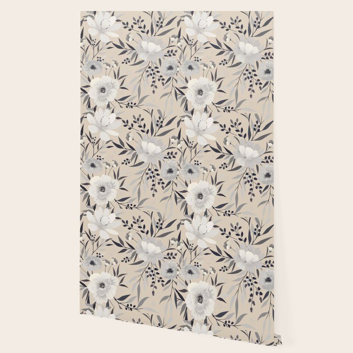 Modern, Boho, Floral Prints, Beige, Gray and White Wallpaper Gallery Image 2