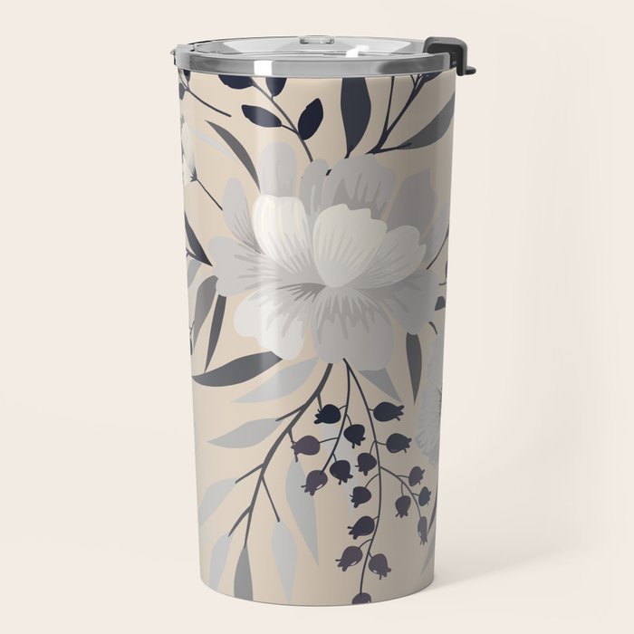 Modern, Boho, Floral Prints, Beige, Gray and White Travel Mug Gallery Image 2