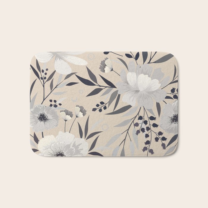 Modern, Boho, Floral Prints, Beige, Gray and White Bath Mat Gallery Image 1