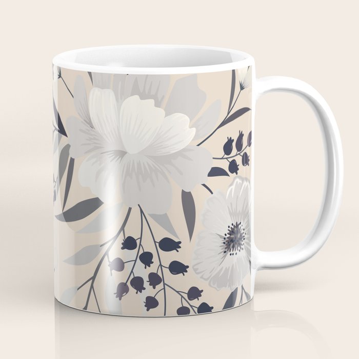 Modern, Boho, Floral Prints, Beige, Gray and White Coffee Mug Gallery Image 1
