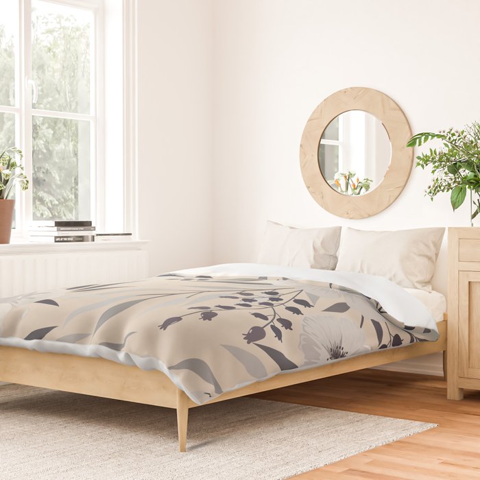 Modern, Boho, Floral Prints, Beige, Gray and White Duvet Cover Gallery Image 2