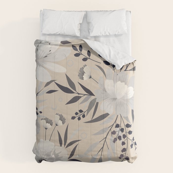 Modern, Boho, Floral Prints, Beige, Gray and White Comforter Gallery Image 1