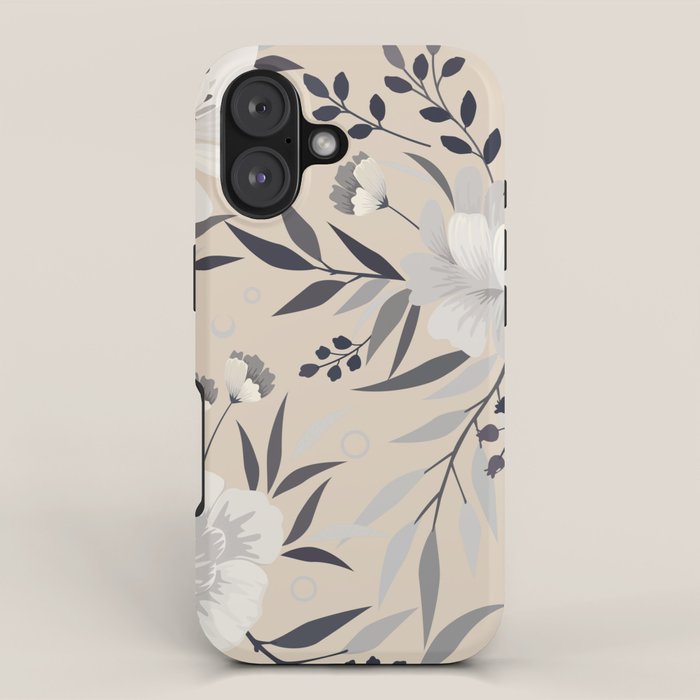 Modern, Boho, Floral Prints, Beige, Gray and White iPhone Case Gallery Image 1