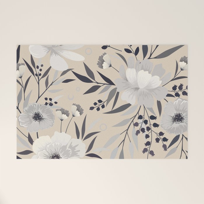 Modern, Boho, Floral Prints, Beige, Gray and White Welcome Mat Gallery Image 1