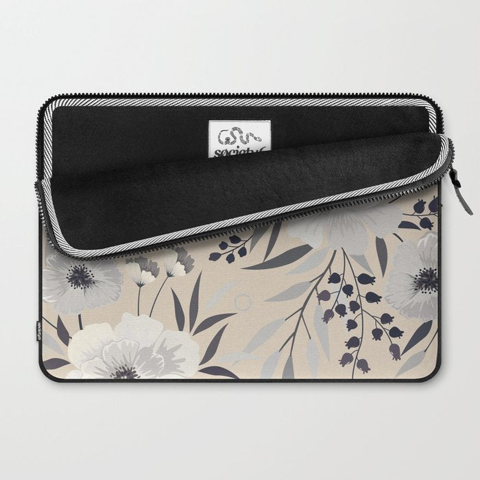 Modern, Boho, Floral Prints, Beige, Gray and White Laptop Sleeve Gallery Image 2