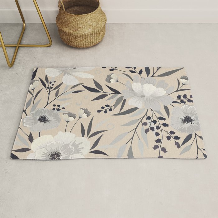 Modern, Boho, Floral Prints, Beige, Gray and White Rug Gallery Image 1