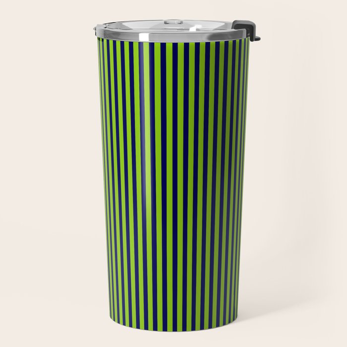 Lime Green and Navy Blue Ultra Fine Vertical Stripes Travel Mug Gallery Image 2