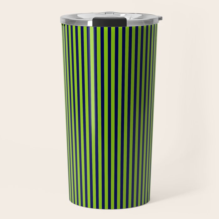 Lime Green and Navy Blue Ultra Fine Vertical Stripes Travel Mug Gallery Image 1