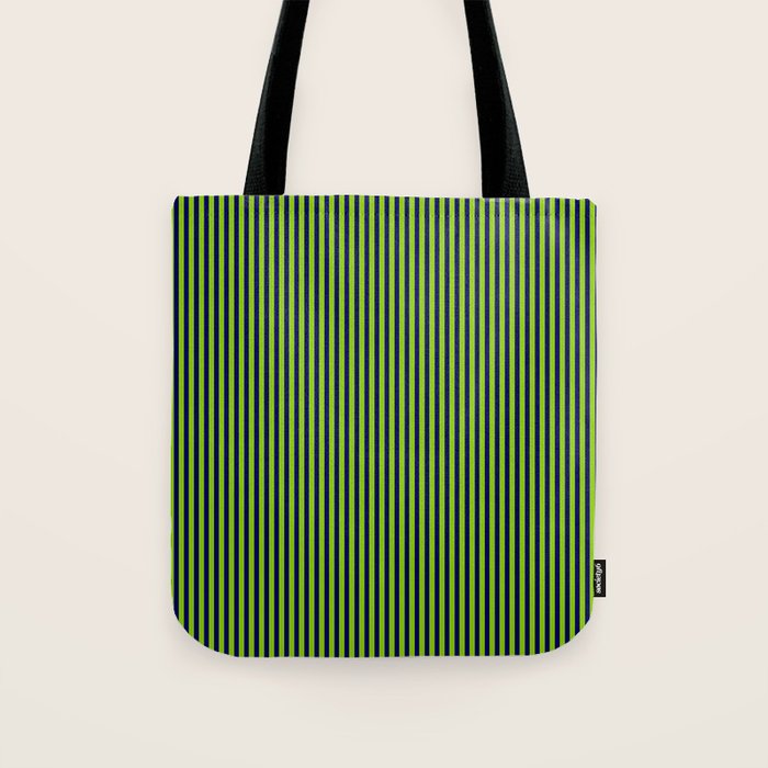 Lime Green and Navy Blue Ultra Fine Vertical Stripes Tote Bag Gallery Image 1