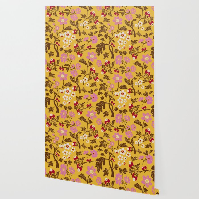 Chinoiserie Hand Drawn Florals On Yellow Wallpaper Gallery Image 2