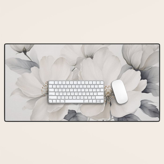 Graceful Calm Blooming Scene Ivory Grey Desk Mat Gallery Image 1
