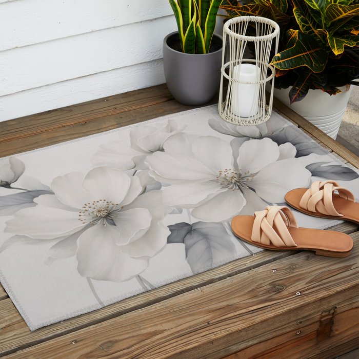 Graceful Calm Blooming Scene Ivory Grey Outdoor Rug Gallery Image 2