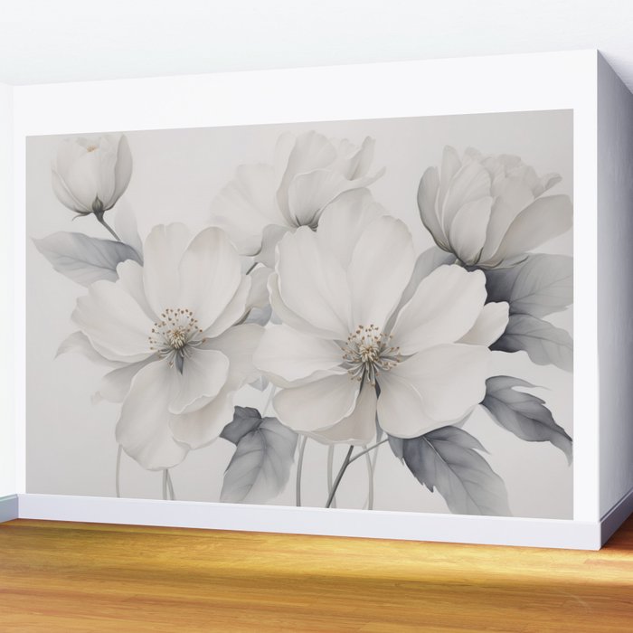 Graceful Calm Blooming Scene Ivory Grey Wall Mural Gallery Image 2