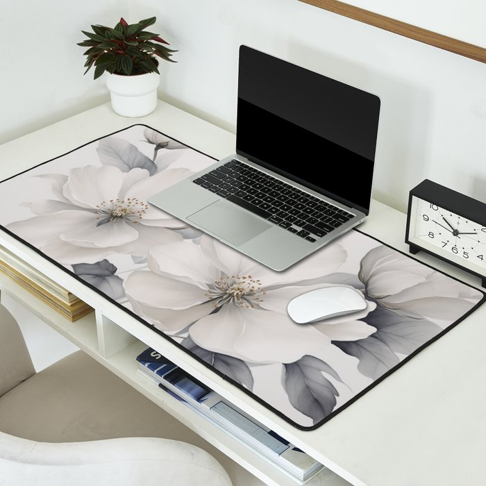 Graceful Calm Blooming Scene Ivory Grey Desk Mat Gallery Image 2