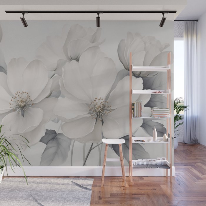 Graceful Calm Blooming Scene Ivory Grey Wall Mural Gallery Image 1