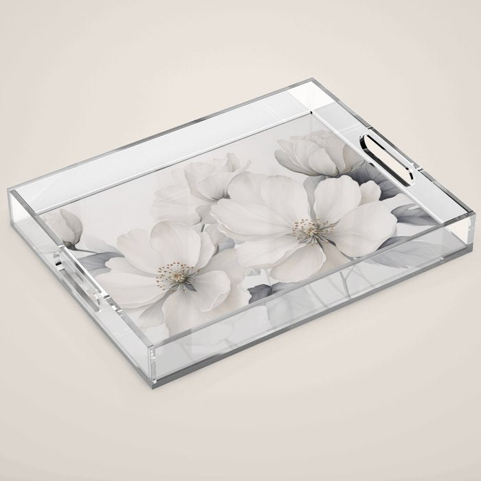 Graceful Calm Blooming Scene Ivory Grey Acrylic Tray Gallery Image 1