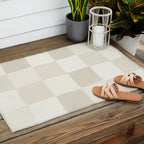 Neutral Minimal Flux Check Irregular Organic Grid Pattern in Pale Beige and Cream Tones Outdoor Rug Gallery Image 2