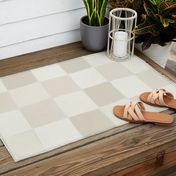 Neutral Minimal Flux Check Irregular Organic Grid Pattern in Pale Beige and Cream Tones Outdoor Rug Gallery Image 2