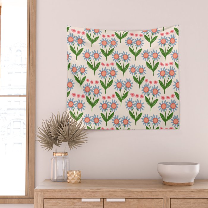 Blue and Green Daisy Floral Garden  Wall Tapestry Gallery Image 2
