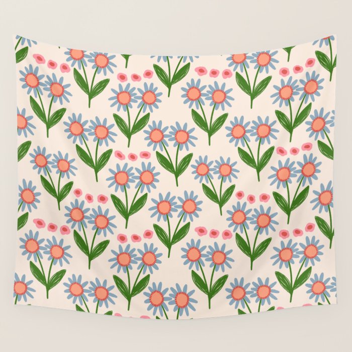 Blue and Green Daisy Floral Garden  Wall Tapestry Gallery Image 1