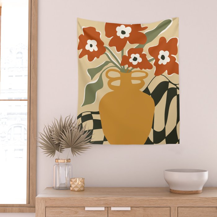 retro checkered flower pot Wall Tapestry Gallery Image 2